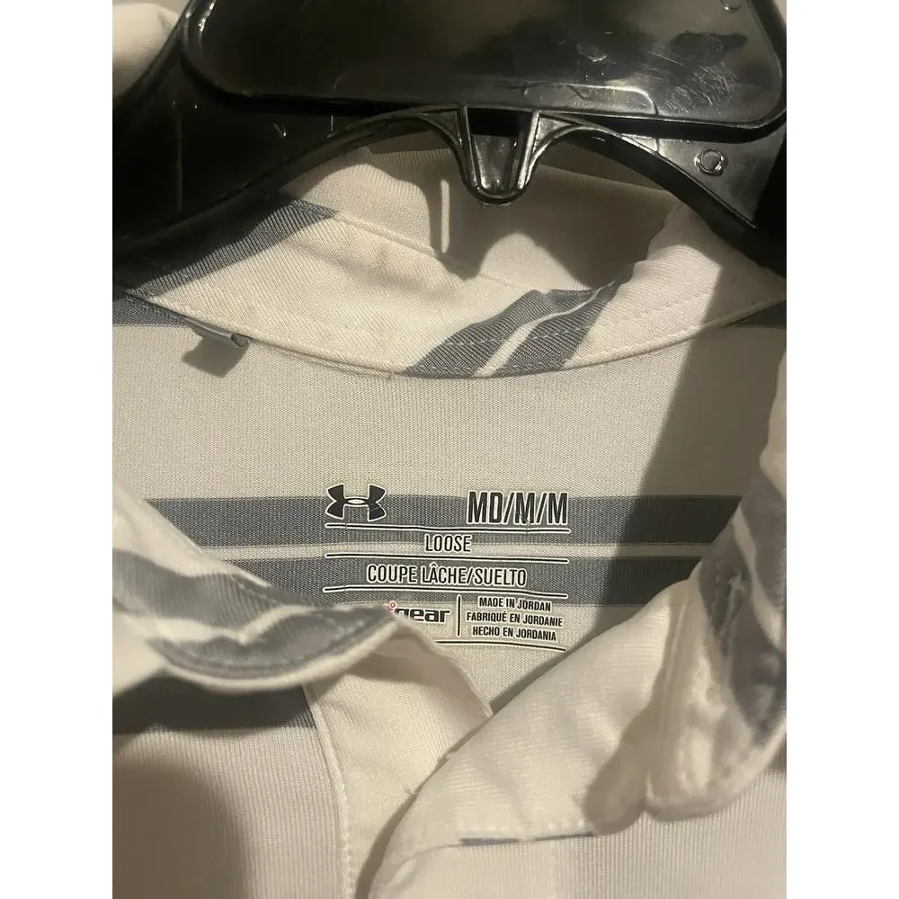 Under Armour Polo Heat‎ Gear Groove Striped Top Tech Golf Shirt White Medium